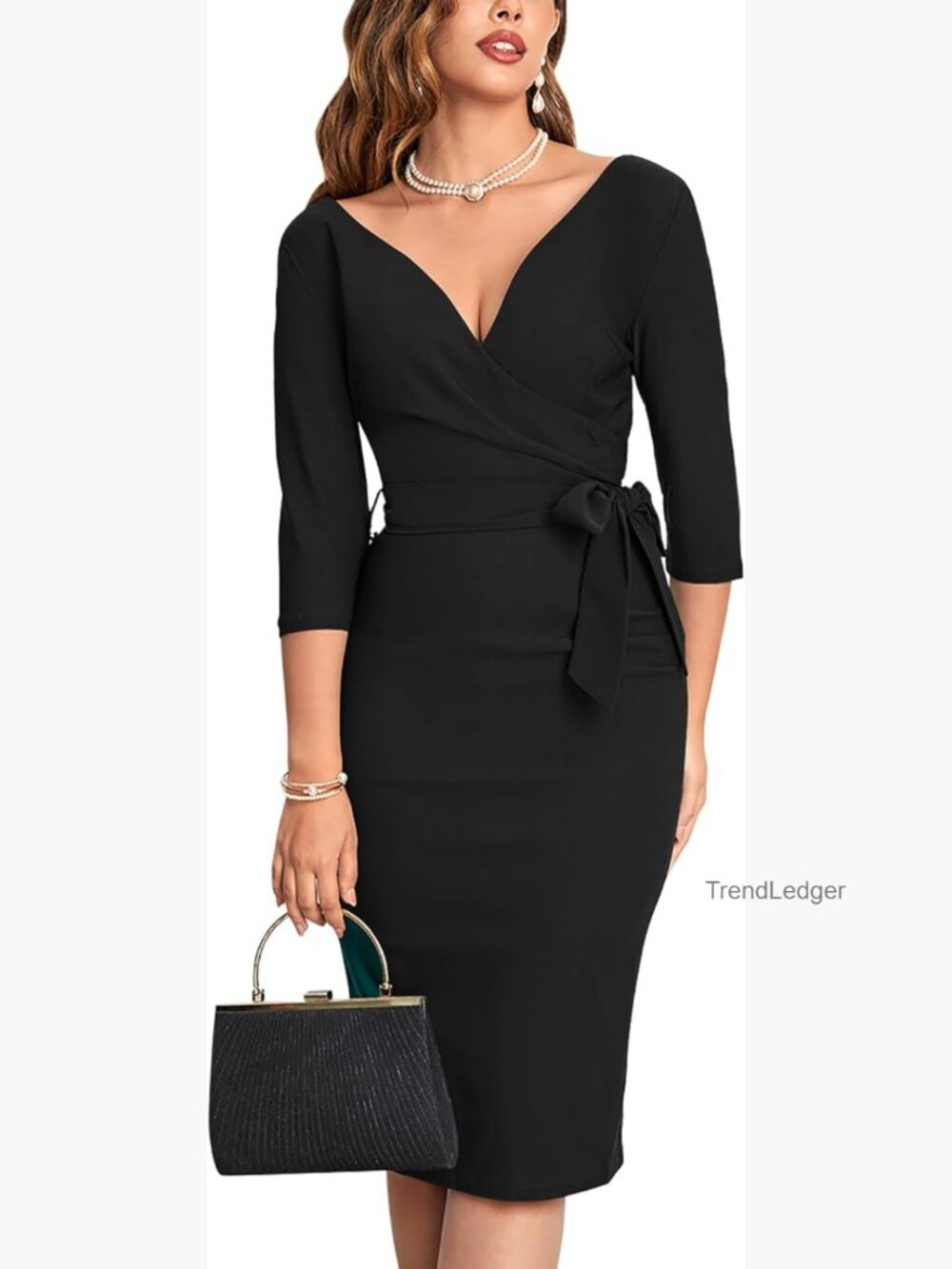 Vintage Faux Wrap V Neck 3/4 Sleeve Bodycon Pencil Dress with Belt
